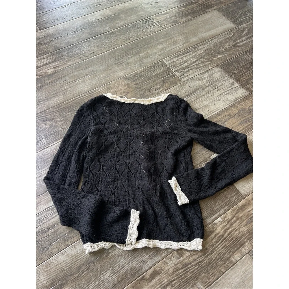 Free People Womens Cardigan XS Black Adelene Linen Crochet Pointelle Cottage Boh